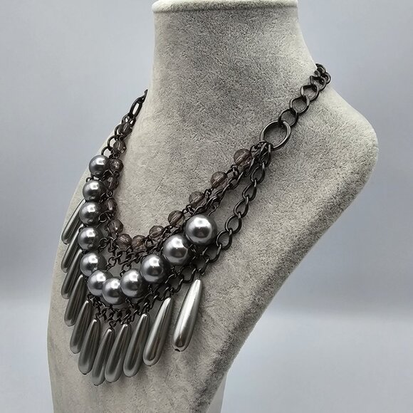 Chandelier Necklace with Blackened Metal, Faux Gray Pearls & Beads - 16" - 19" - Picture 3 of 7